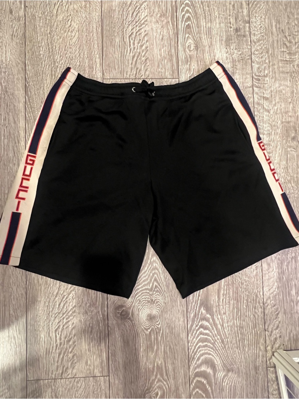 Gucci Black Athletic Shorts with Cream & Navy Side Stripes